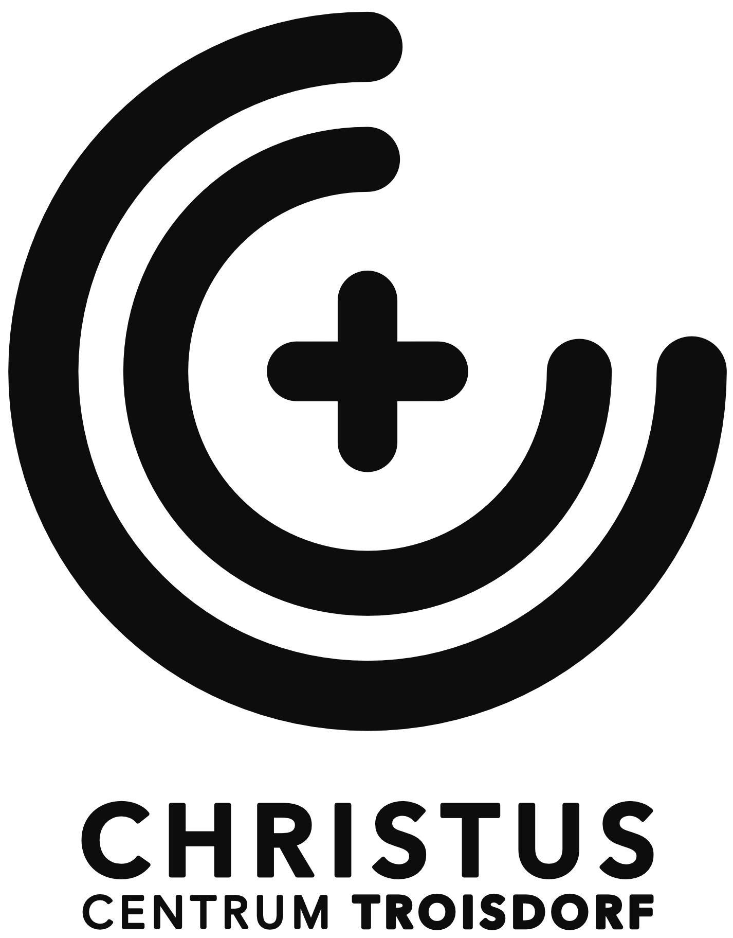 Logo Christus Centrum Troisdorf, mit Schriftzug, in schwarz. Man sieht ein Kreuz das von zwei dreiviertel Kreisen mittig umschlungen wird.